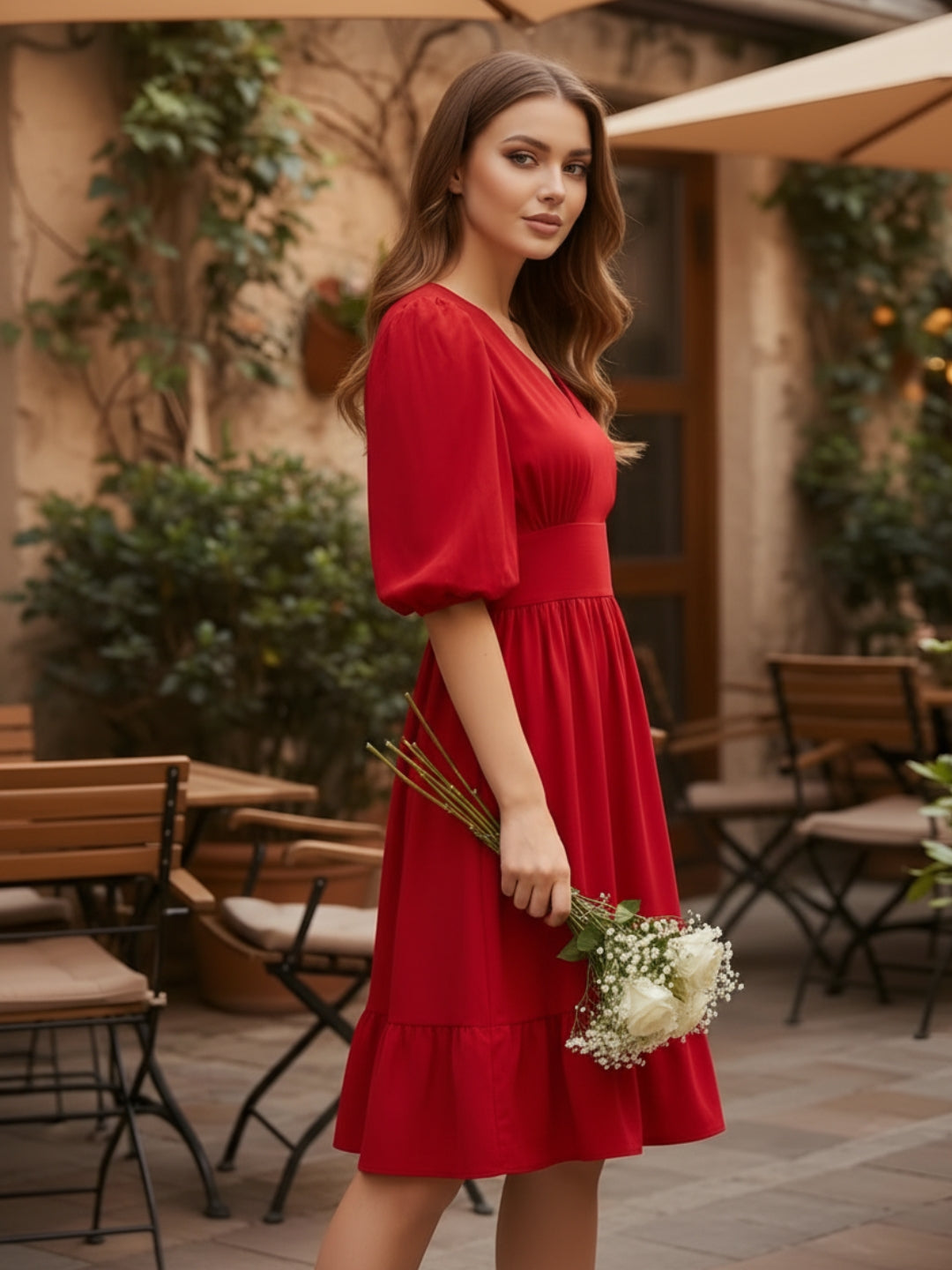Maroon Puff Sleeve Fit & Flare Dress