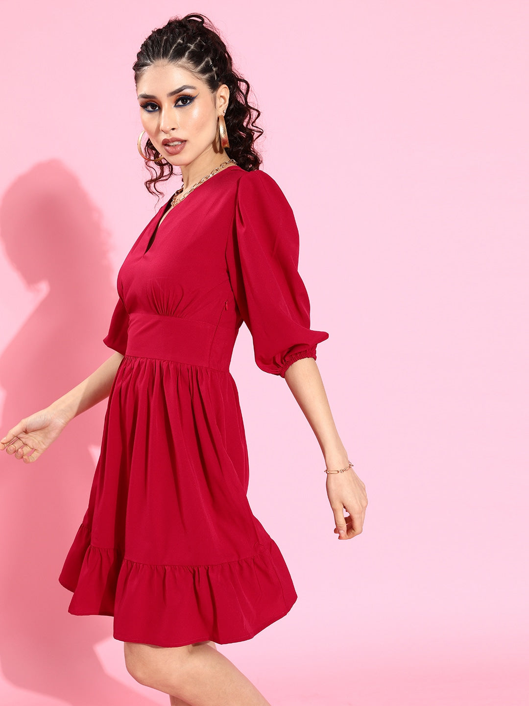 Waisted volume sleeve dress