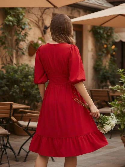 Maroon Puff Sleeve Fit & Flare Dress