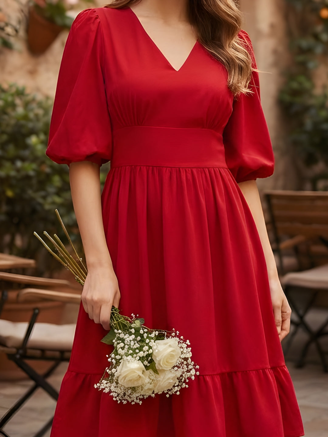 Maroon Puff Sleeve Fit & Flare Dress