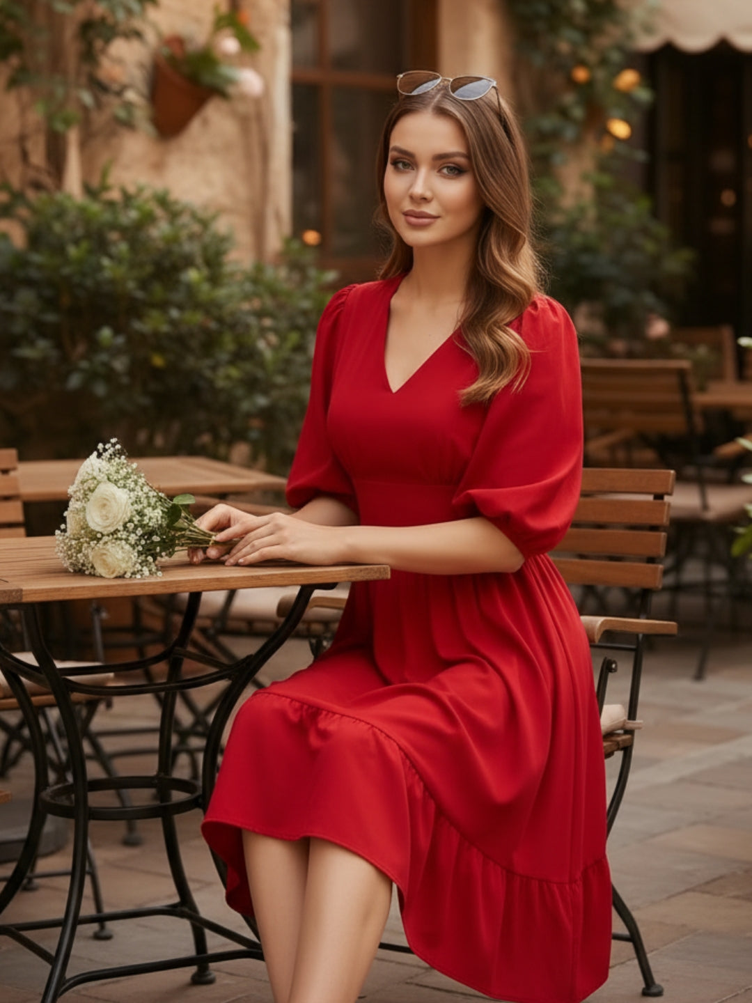 Maroon Puff Sleeve Fit & Flare Dress