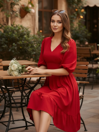 Maroon Puff Sleeve Fit & Flare Dress