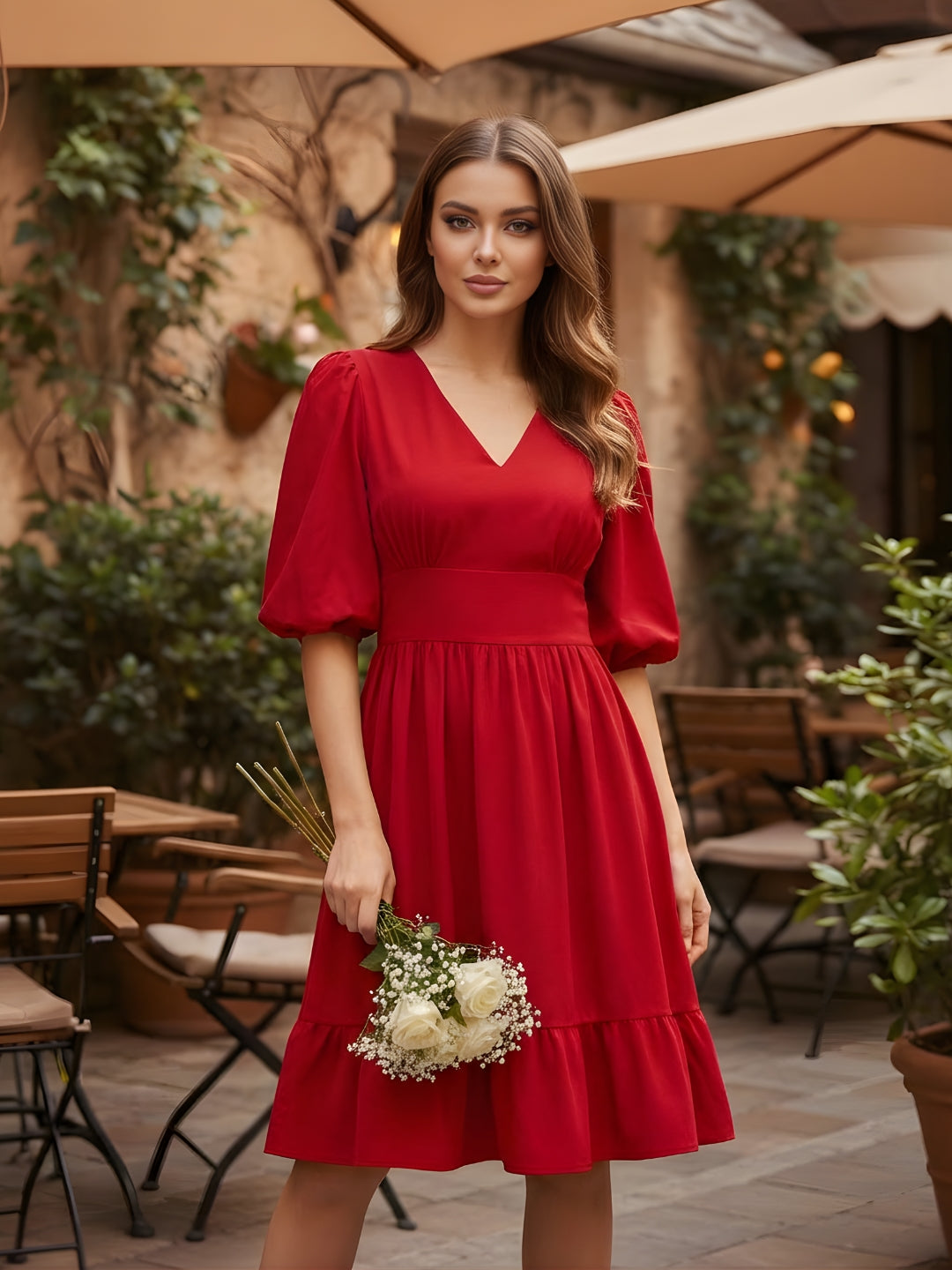 Maroon Puff Sleeve Fit & Flare Dress