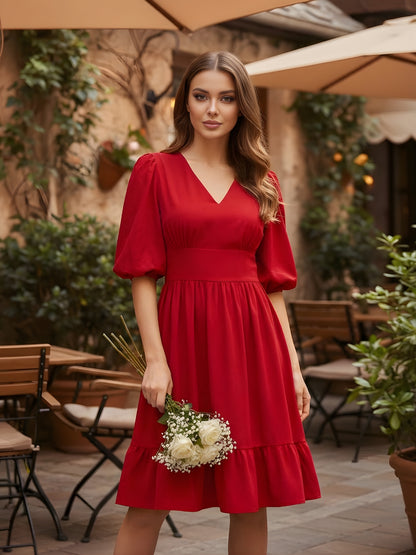 Maroon Puff Sleeve Fit & Flare Dress