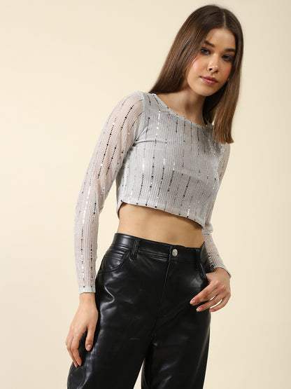 White Sequence Crop Top
