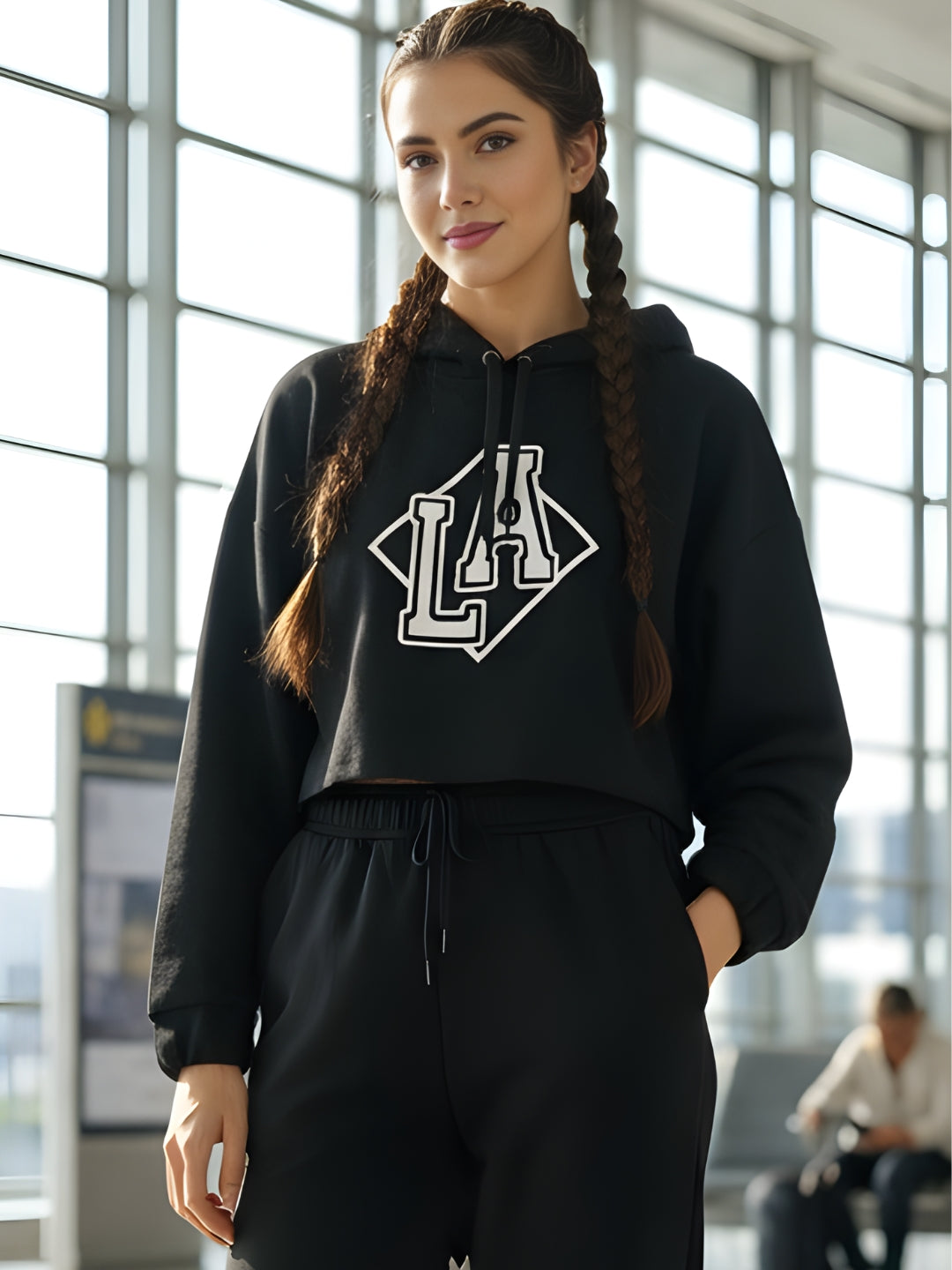 Black Printed Crop Sweatshirt for Women | Stylish Black Hoodie for Casual Wear