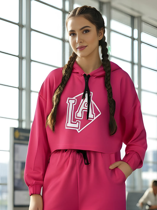 Trendy Fuchsia Printed Crop Sweatshirt for Women | Stylish Pink Hoodie for Casual Wear