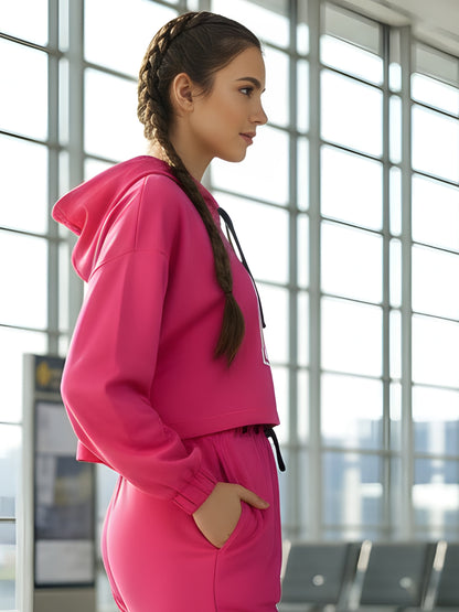 Trendy Fuchsia Printed Crop Sweatshirt for Women | Stylish Pink Hoodie for Casual Wear