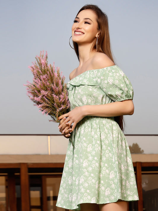 Green Printed Mini Dress