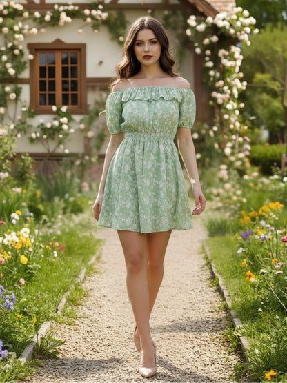Sera Green Fit and Flare Printed Mini Dress