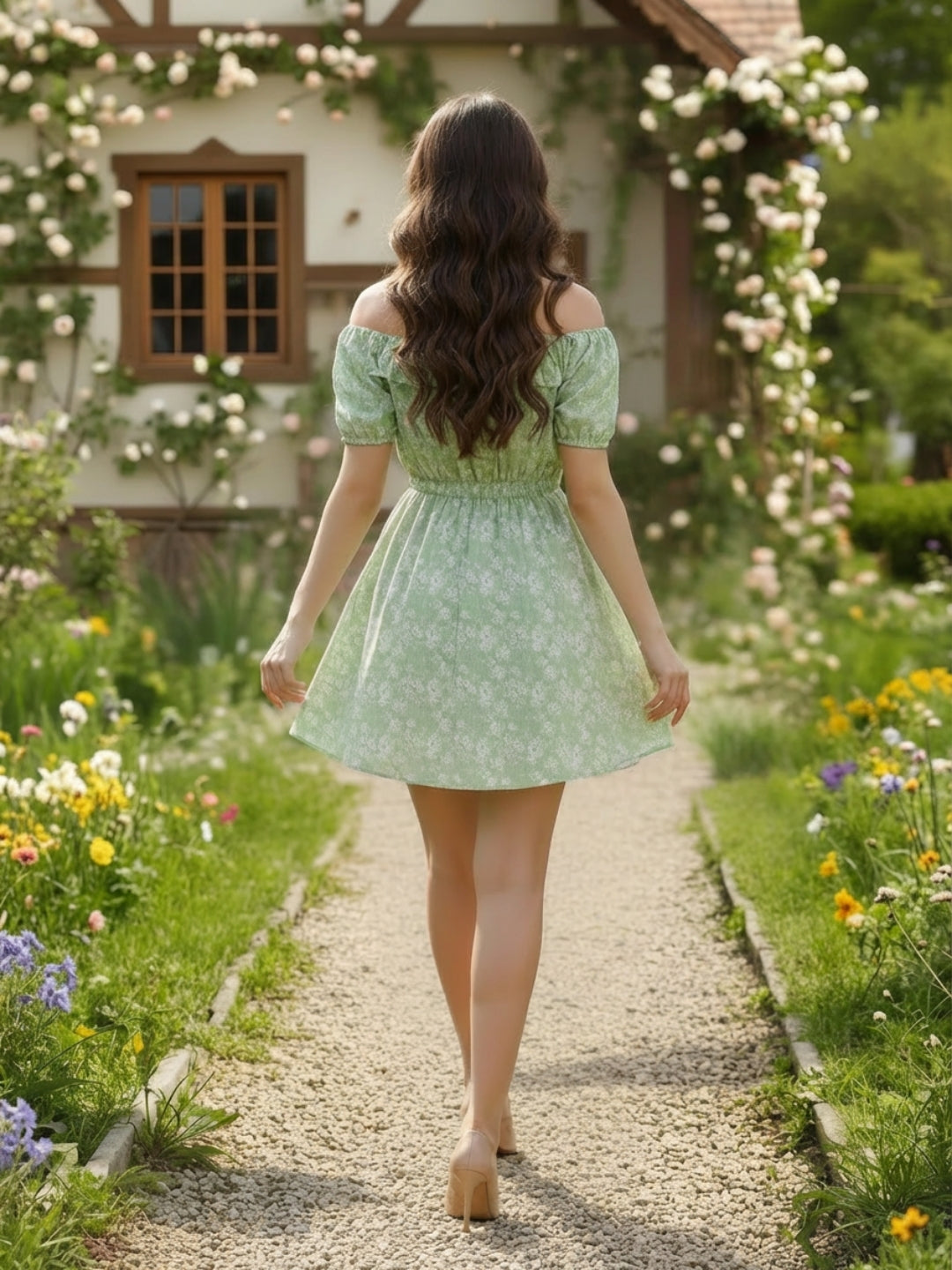 Sera Green Fit and Flare Printed Mini Dress