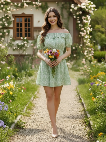 Sera Green Fit and Flare Printed Mini Dress