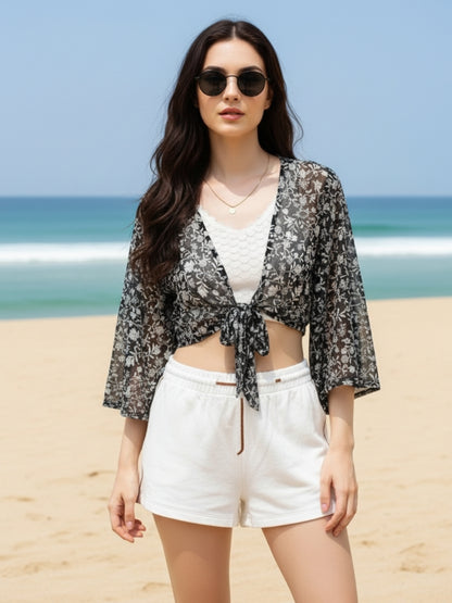Women Black Floral Printed Tie up Crop Shrug