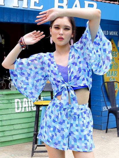 Blue Floral Crop Shrug