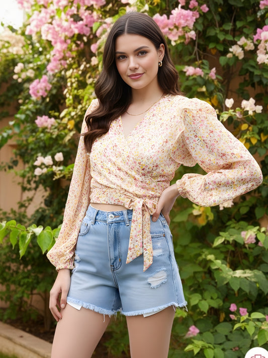 Sera Women Off White Solid Polyester Wrap Long Sleeves Tops