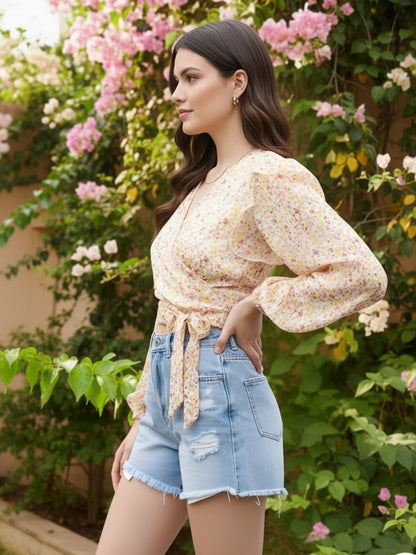 Sera Women Off White Solid Polyester Wrap Long Sleeves Tops