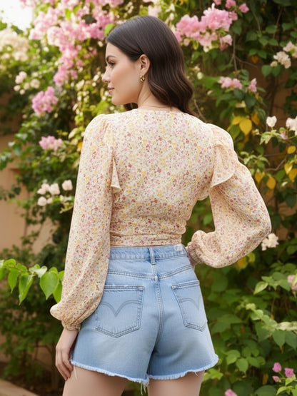 Sera Women Off White Solid Polyester Wrap Long Sleeves Tops