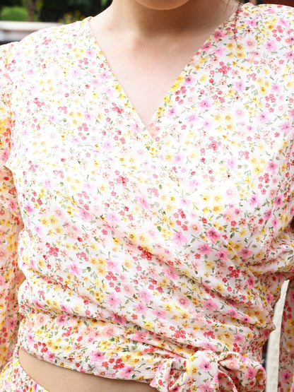 Sera Women Off White Solid Polyester Wrap Long Sleeves Tops