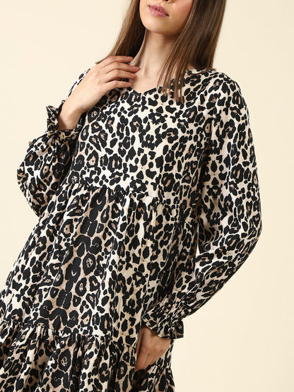 Beige Print Knee Dress