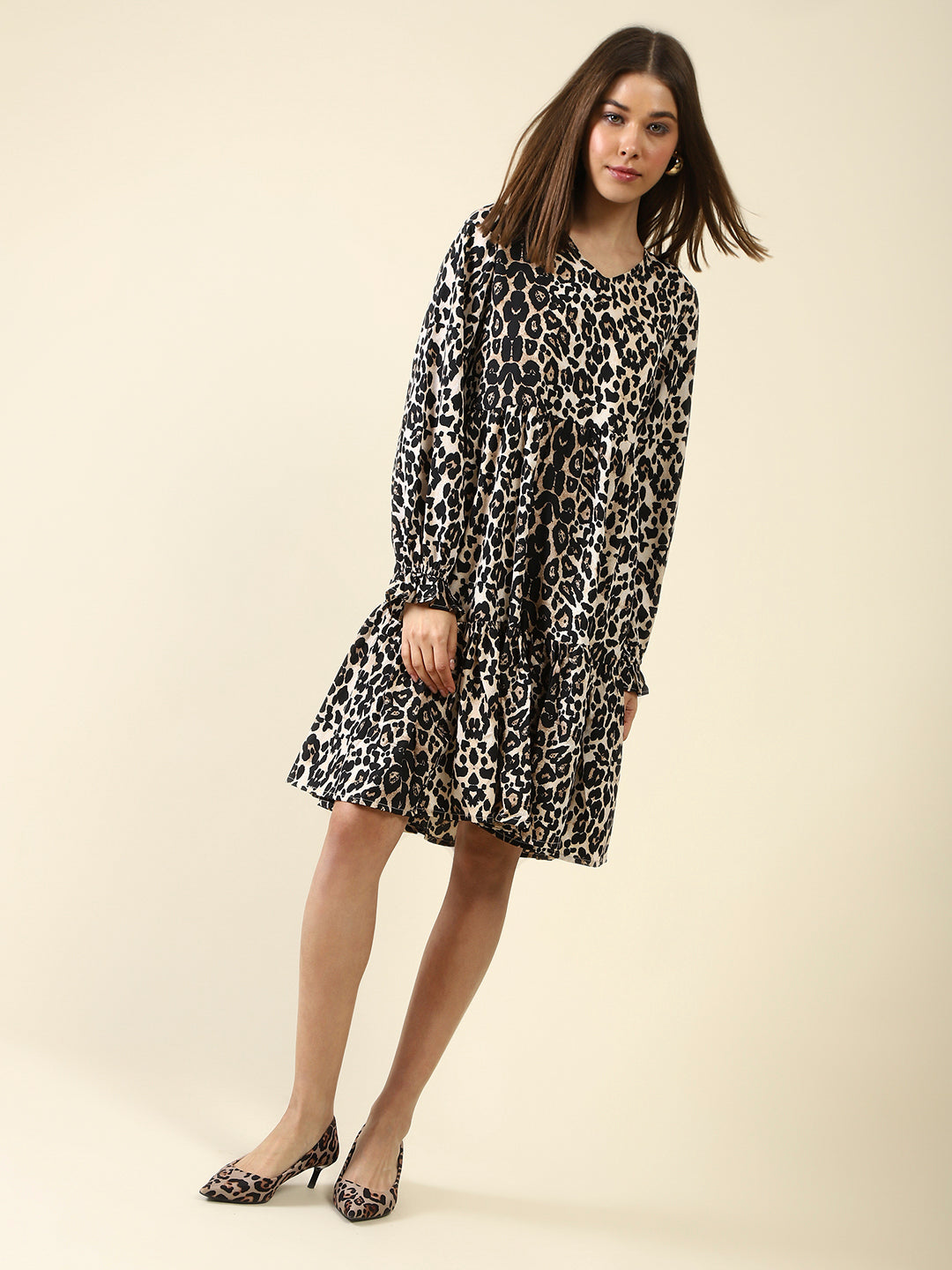 Beige Print Knee Dress