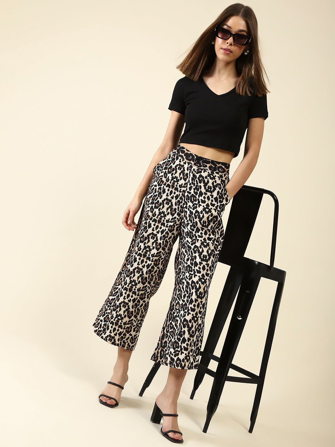 Beige Print Flat Trouser