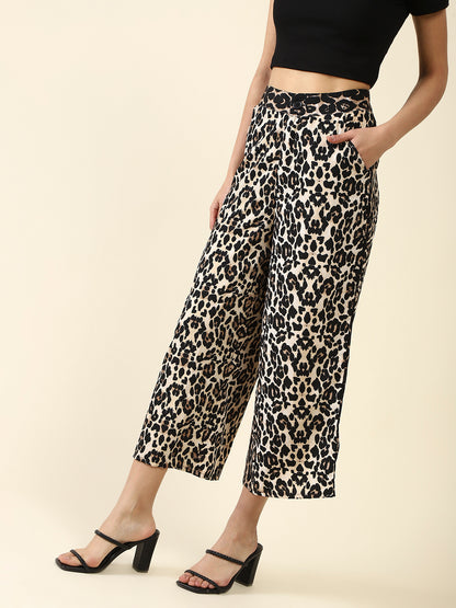 Beige Print Flat Trouser