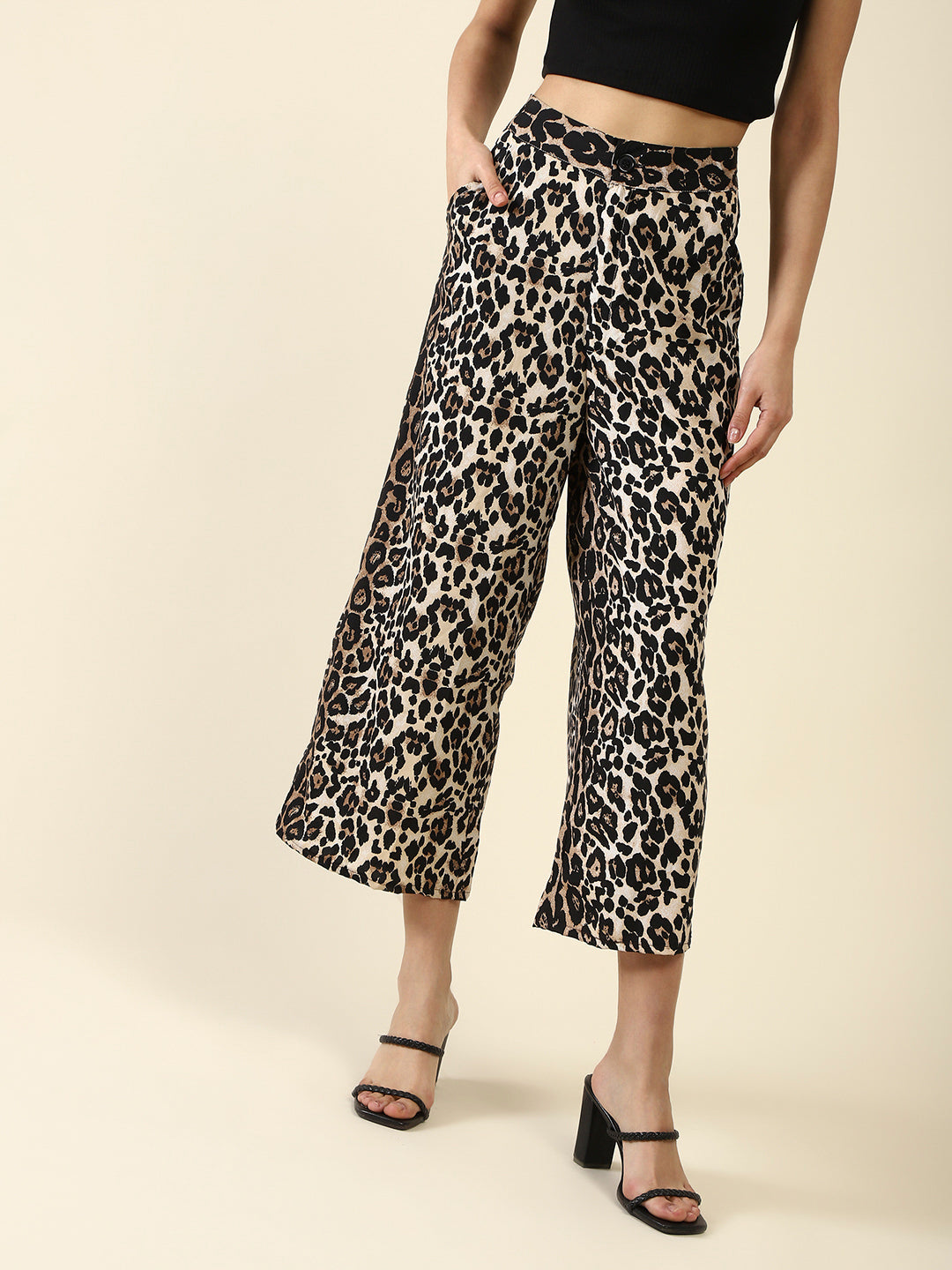 Beige Print Flat Trouser