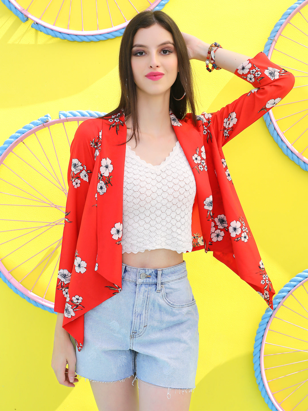 Red Print crop open Shrug