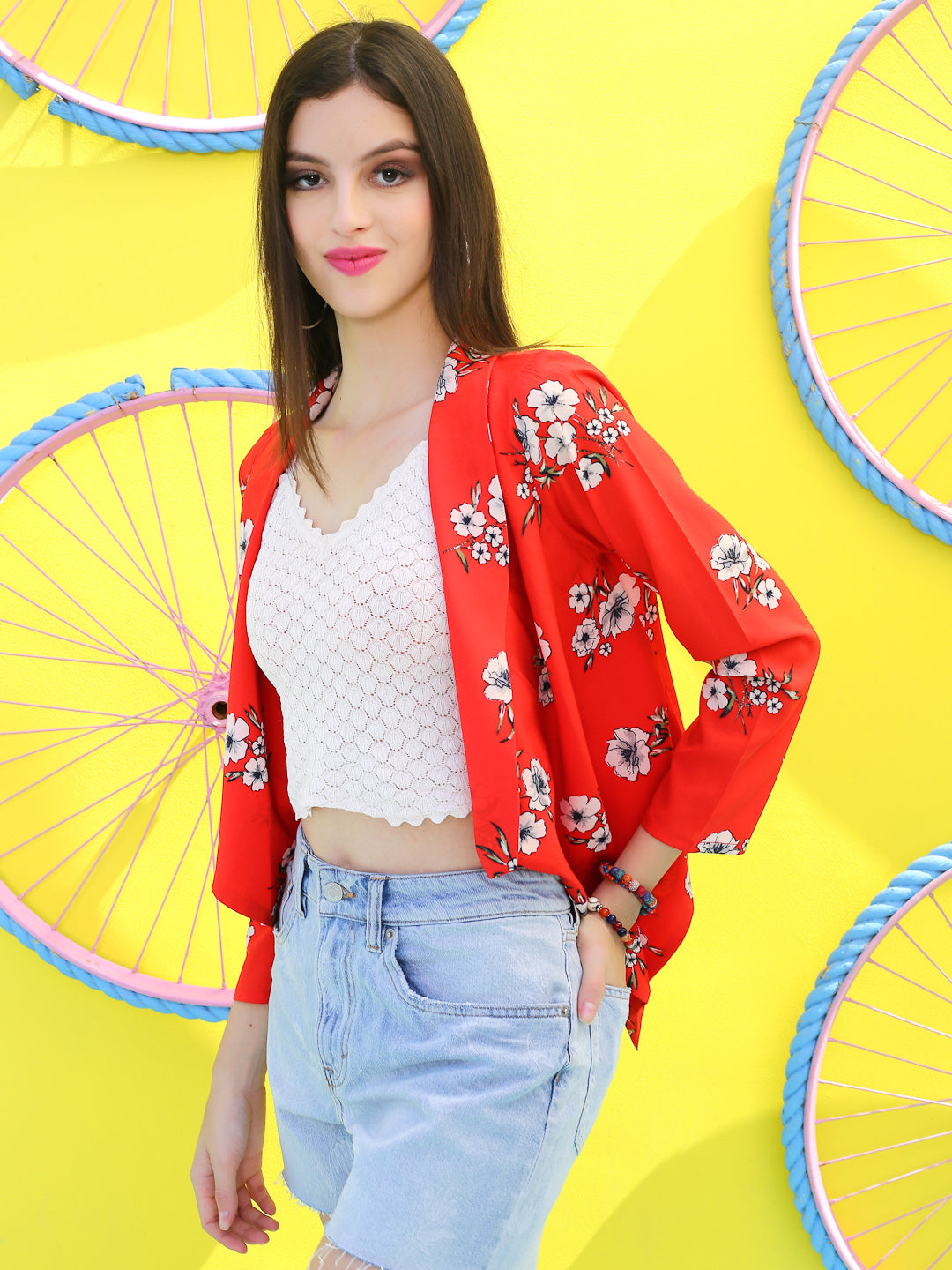 Red Print crop open Shrug
