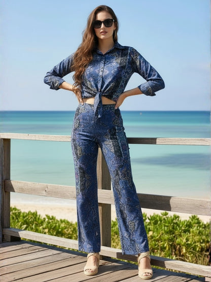 Sera Women Printed Mandarin Collar Long Sleeve Crop Top