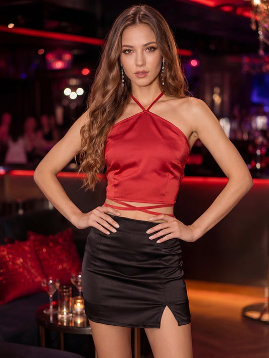 Satin Halter Neck Crop Top
