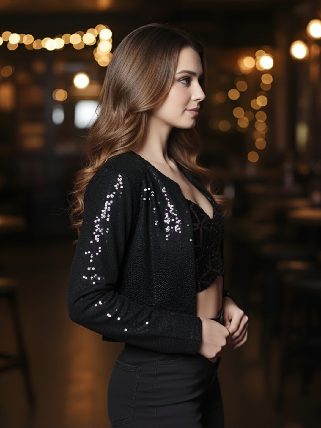 Black Sequence Front open  Party shrug