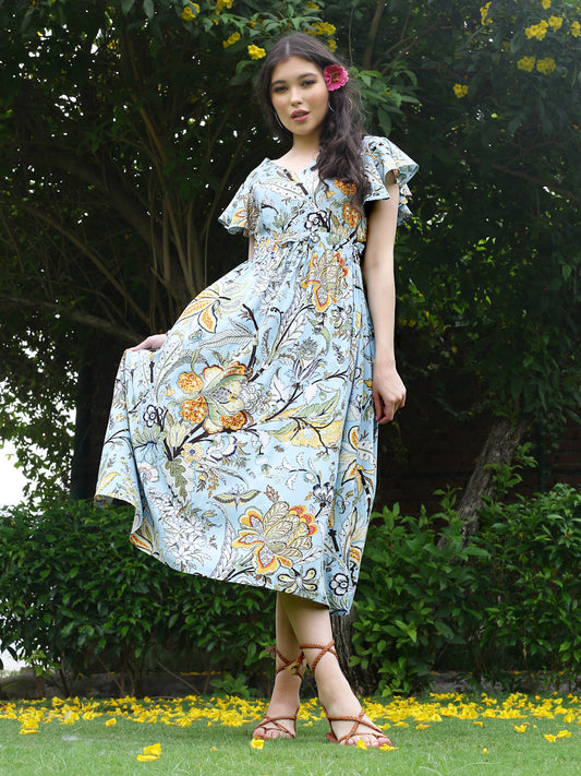 Aqua Floral Midi  Dress