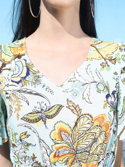 Aqua Floral Midi  Dress