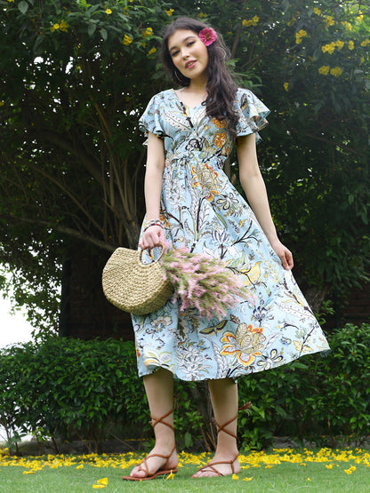 Aqua Floral Midi  Dress