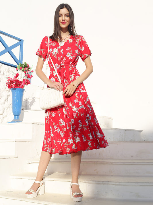 Red Floral  Midi dress