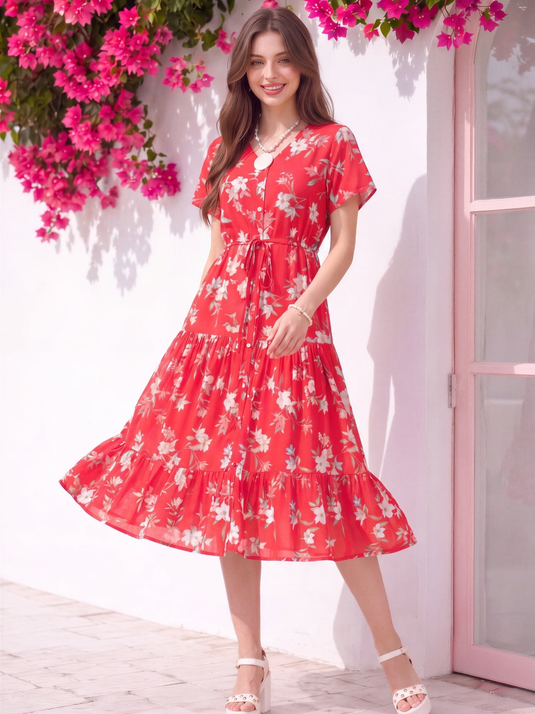 Rayon Pleated Fit&Flare Dress