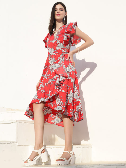 Red floral  Midi Dress