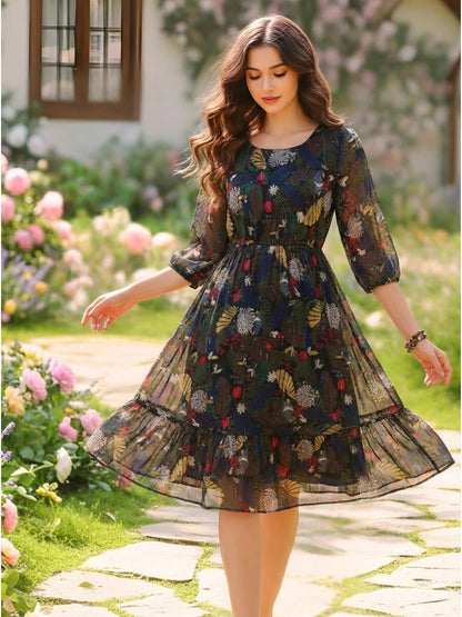 Sera Printed Round Neck Fit and Flare Long Sleeves Knee Length Dresses