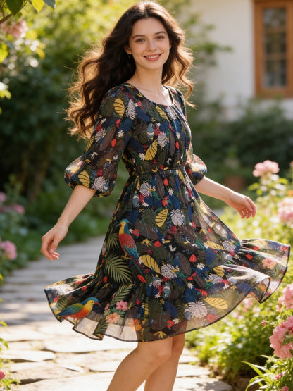 Sera Printed Round Neck Fit and Flare Long Sleeves Knee Length Dresses