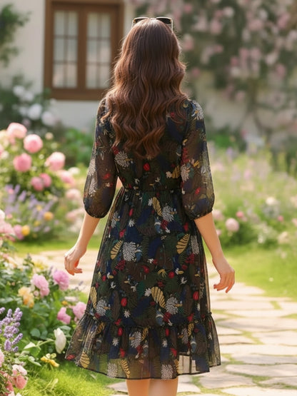 Sera Printed Round Neck Fit and Flare Long Sleeves Knee Length Dresses