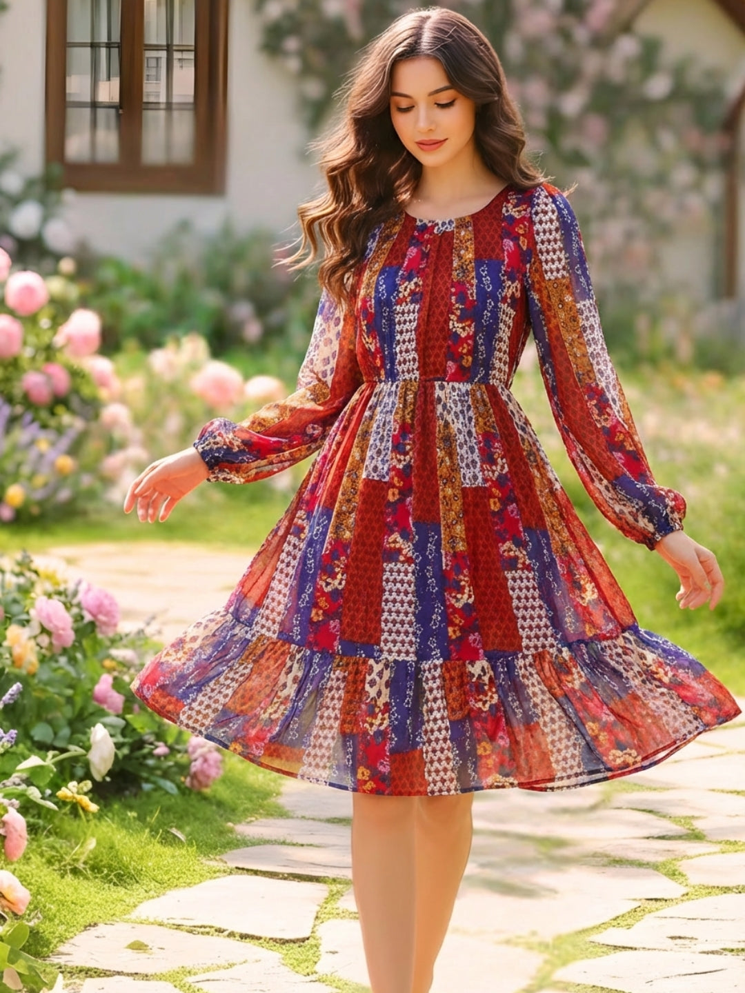 Sera Printed Round Neck Fit and Flare Long Sleeves Knee Length Dresses