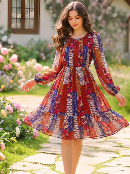 Sera Printed Round Neck Fit and Flare Long Sleeves Knee Length Dresses
