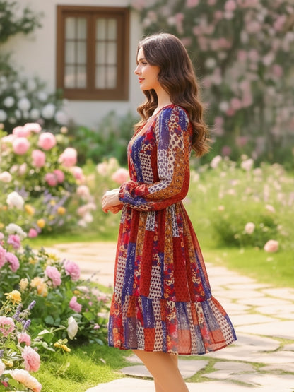 Sera Printed Round Neck Fit and Flare Long Sleeves Knee Length Dresses