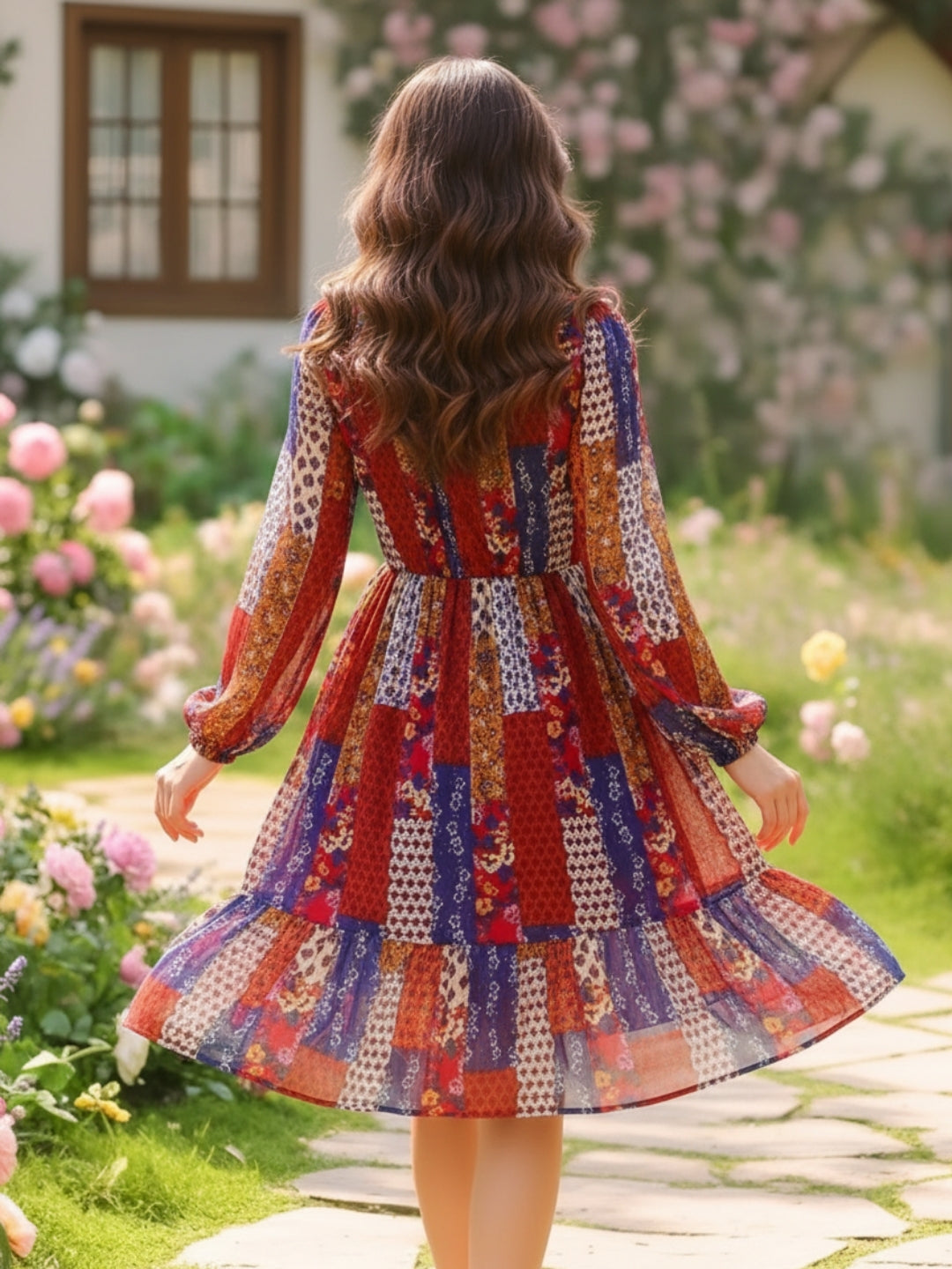 Sera Printed Round Neck Fit and Flare Long Sleeves Knee Length Dresses