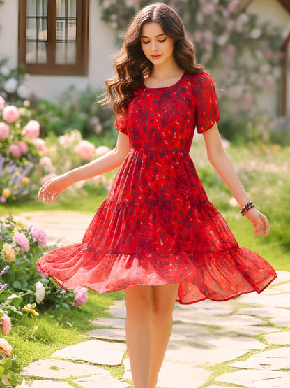 Sera Printed Round Neck Fit and Flare Short Sleeves Knee Length Dresses