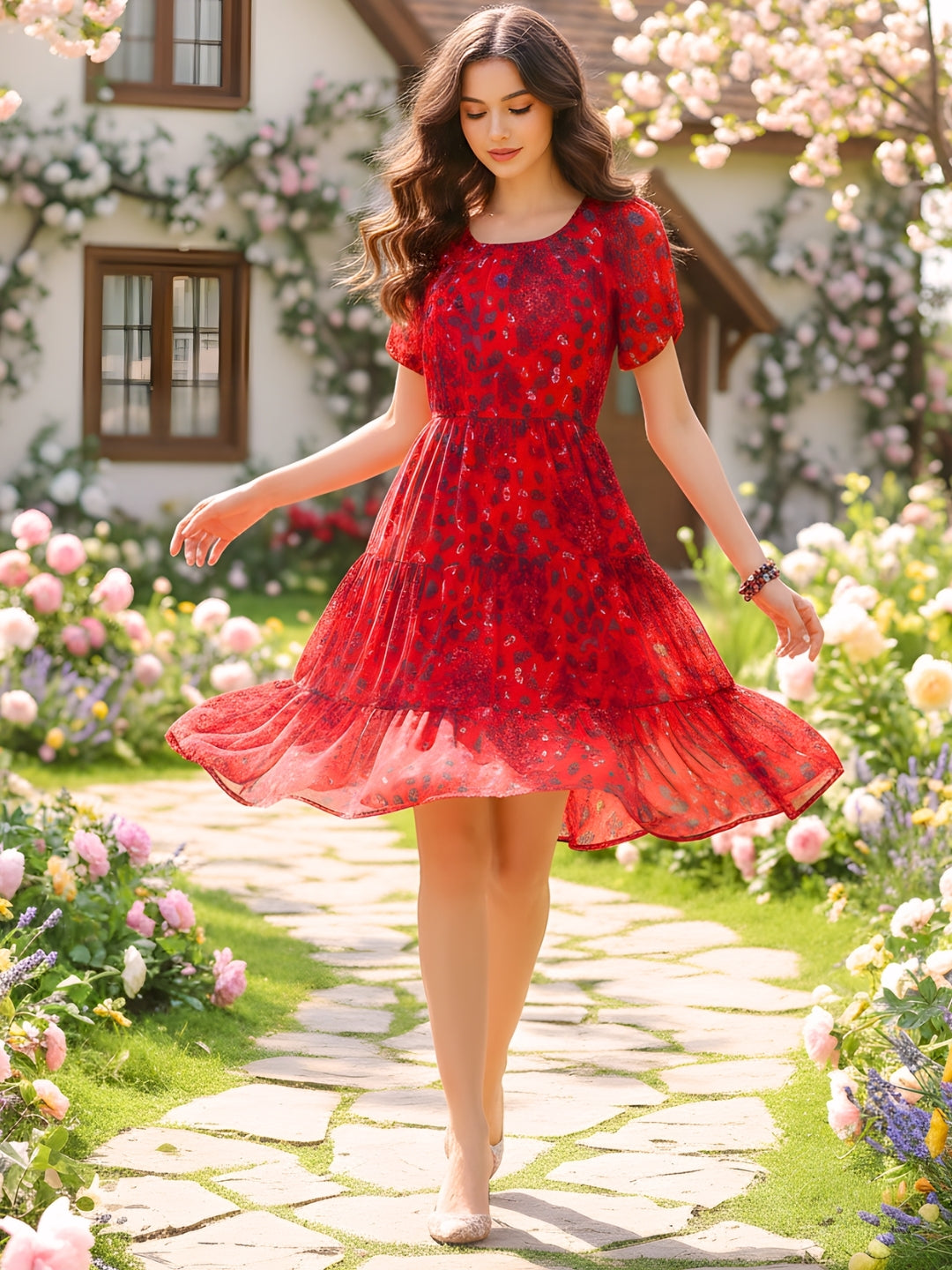 Sera Printed Round Neck Fit and Flare Short Sleeves Knee Length Dresses