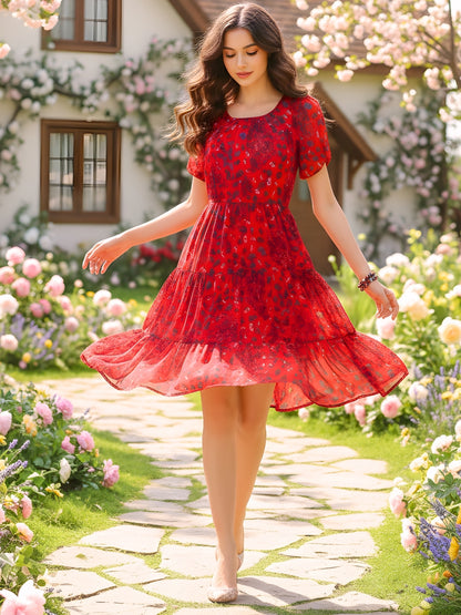 Sera Printed Round Neck Fit and Flare Short Sleeves Knee Length Dresses