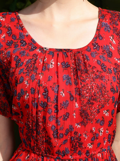 Sera Printed Round Neck Fit and Flare Short Sleeves Knee Length Dresses