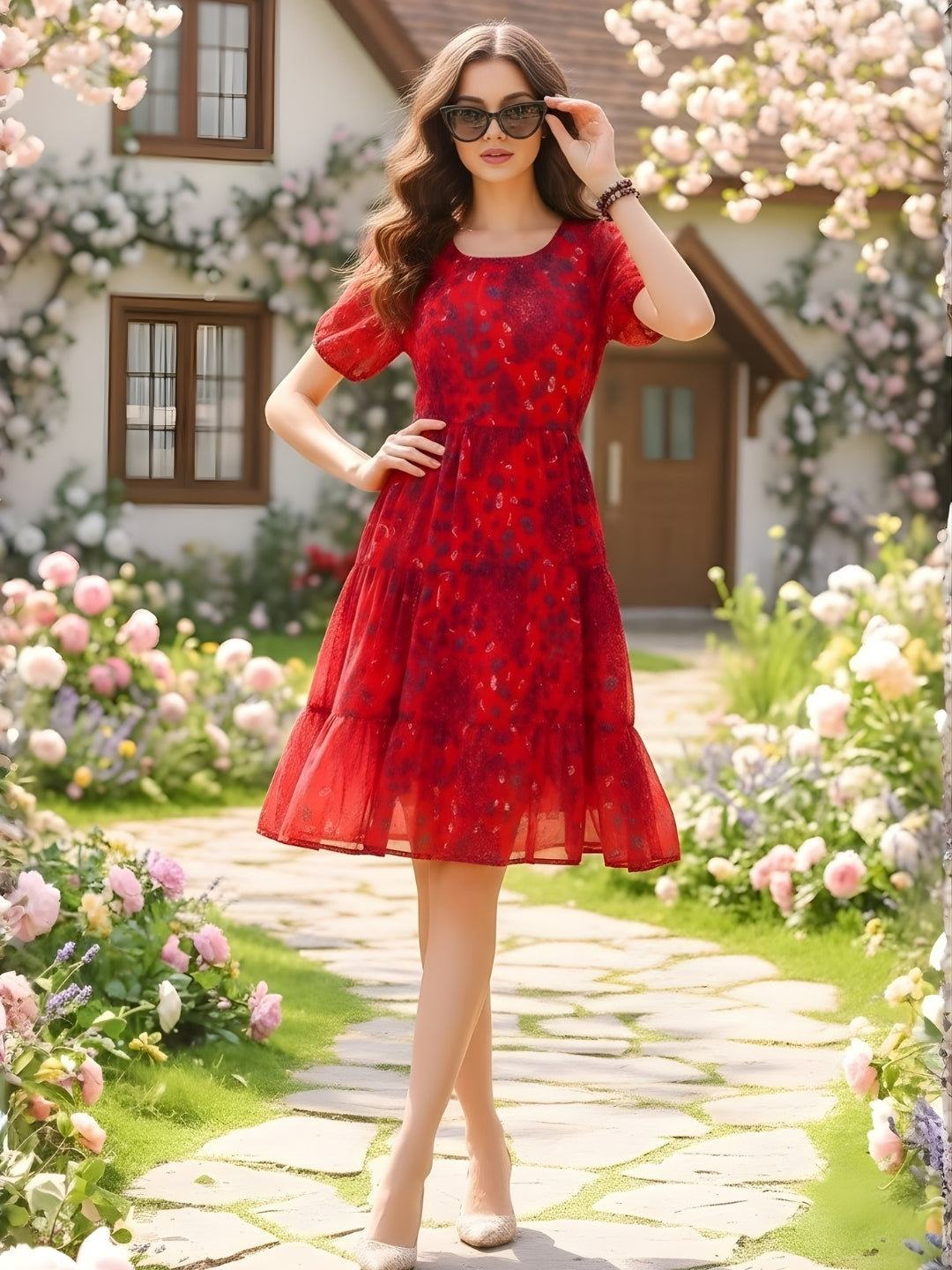 Sera Printed Round Neck Fit and Flare Short Sleeves Knee Length Dresses